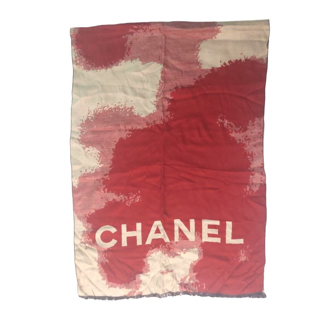 Vintage Chanel Burgundy Red Cream Tie Dye Print Blanket Scarf Scarves Wrap - Picture 2 of 11